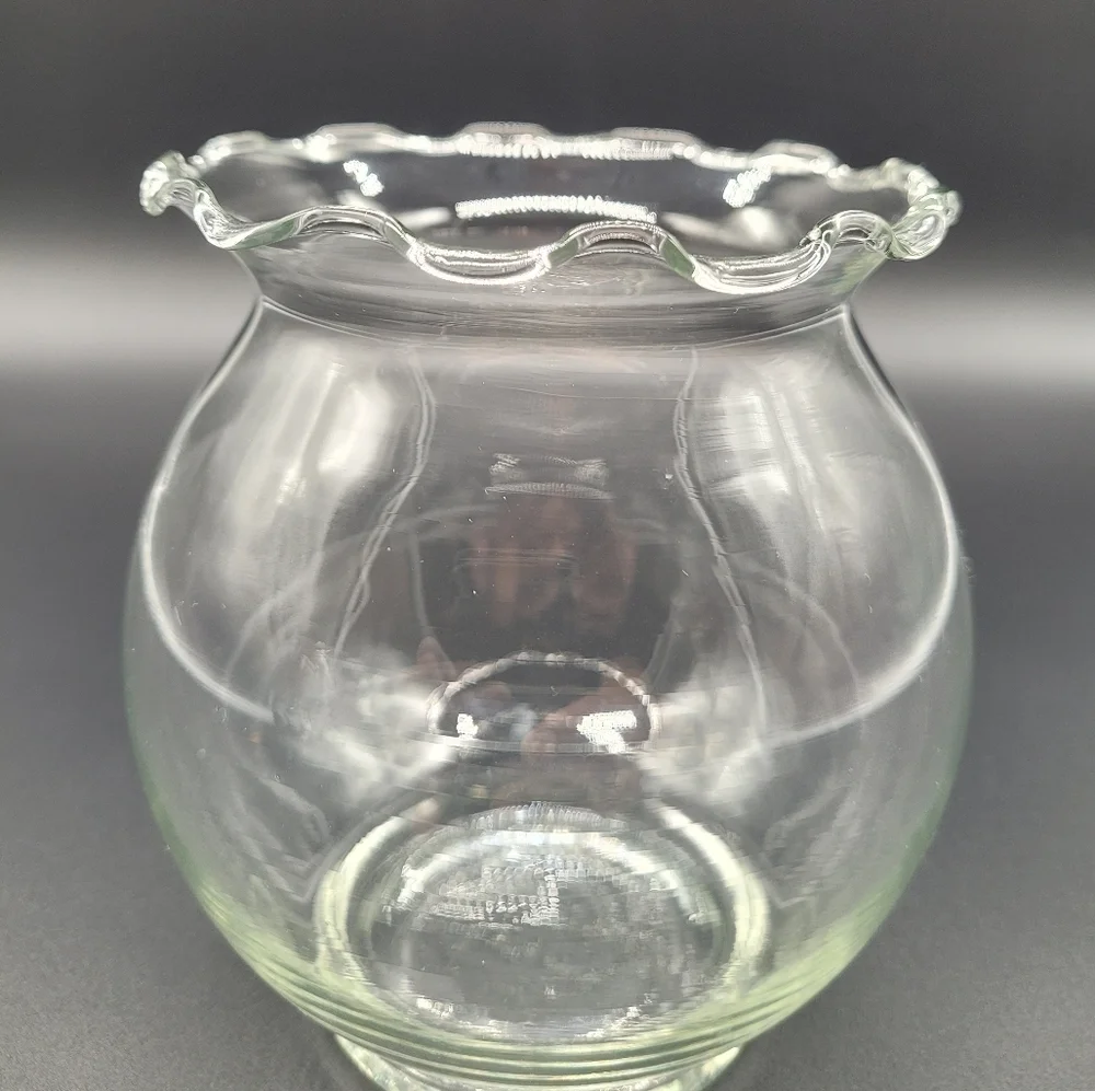 Vintage Indiana Clear Glass Ruffle Top & Ribbed Swirl Clear Glass Rose Bowl Vase